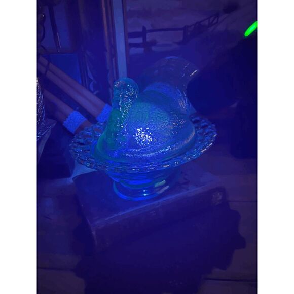 Large Teal Carnival Glass Turkey on Nest Dish – Lace Edge Trinket Box – Mosser G - Picture 5 of 7